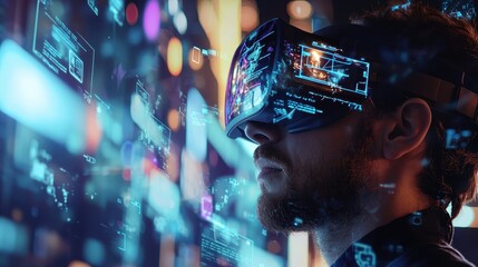 Man Wearing VR Headset Experiencing Virtual Reality with Digital Interface
