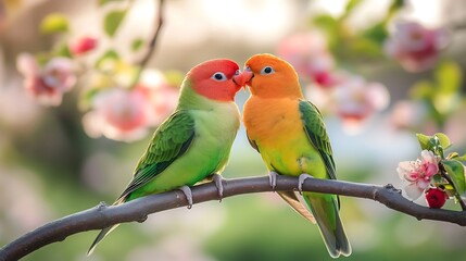 Fototapeta premium bird, love, animal, pair, lovebird, nature, couple, tropical, colorful, pet, cute, parrot, beautiful, green, little, funny, wildlife, branch, small, birds, yellow, white, feather, background, domestic