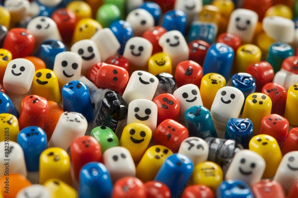 Poster crowd of diverse pill characters with various expressions on a blue background representing the dive