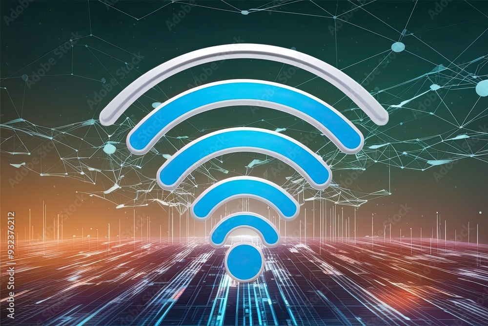Poster futuristic wireless networking concept with wi-fi motif and data design