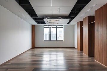 Contemporary Unoccupied Office Space Featuring White Walls and Wooden Accents