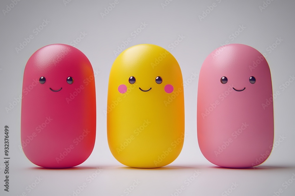 Poster three pill characters in red yellow and pink standing side by side representing unity health and hap
