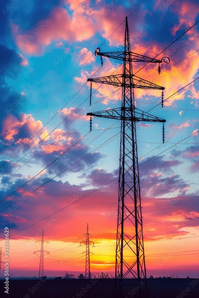 Poster power lines in front of a sunset background