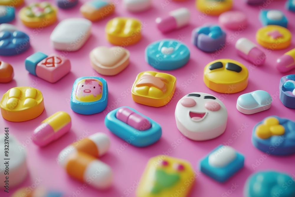 Aufkleber assorted colorful pills with smiling faces on a pink background representing positivity health and h
