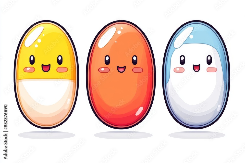 Poster three colorful pill characters with smiling faces on a white background representing health happines