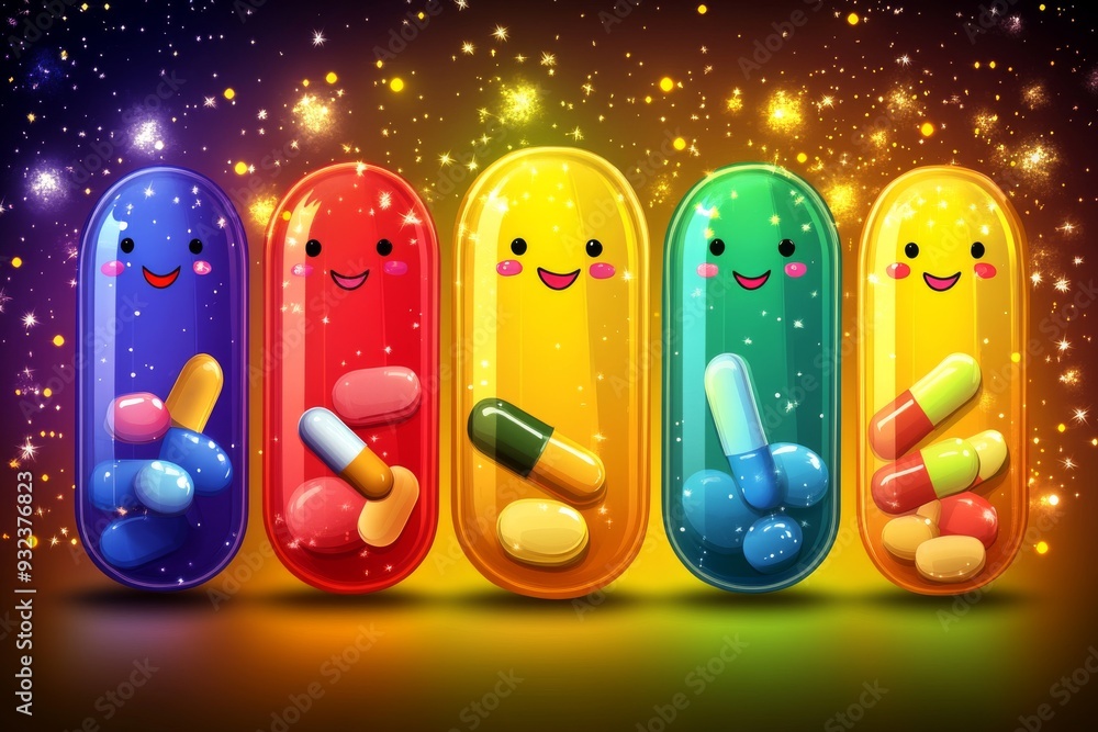Poster vibrant and glowing pill characters in a row on a dark background representing health energy and exc