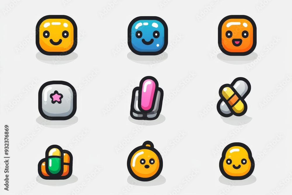 Poster set of cute pill characters with different expressions on a white background symbolizing the diversi