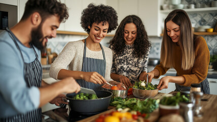 A group of four people are cooking together in a kitchen