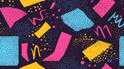 A vibrant abstract pattern featuring colorful geometric shapes and dotted textures on a dark background.