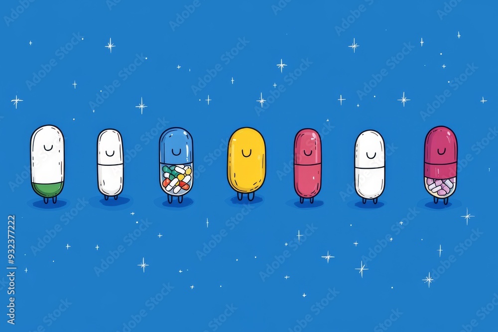 Poster row of colorful capsule characters with various facial expressions on a blue background symbolizing 