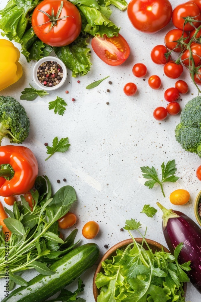 Poster a colorful arrangement of various vegetables on a white table