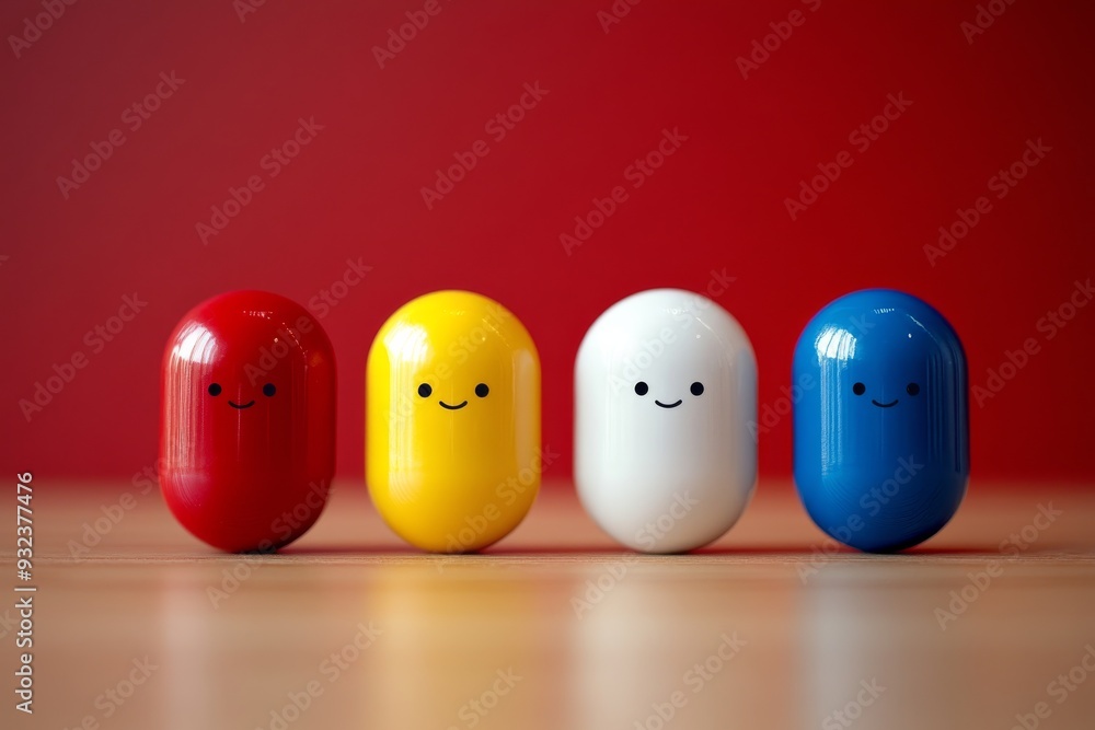 Poster row of cute pill characters in primary colors on a red background symbolizing health happiness and u