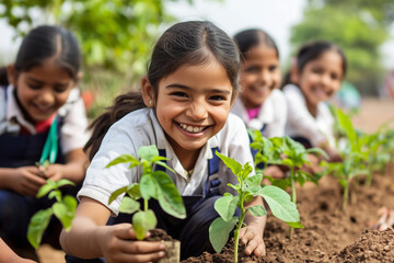 A group of young girls are planting seeds in a garden