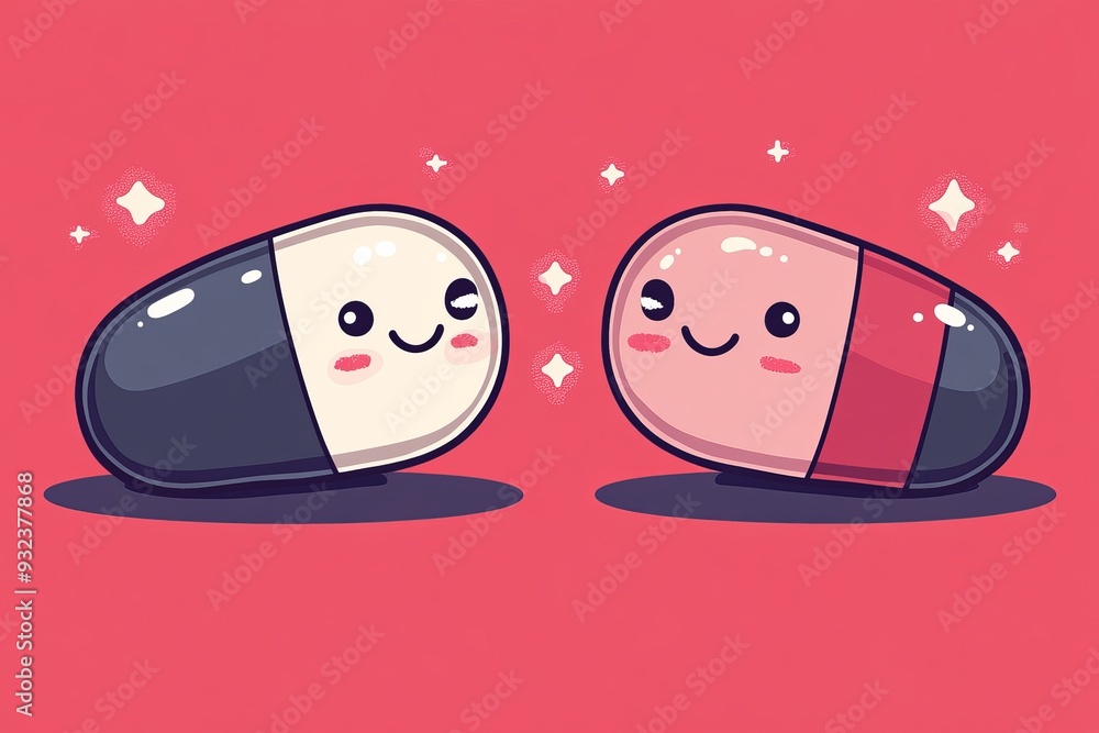 Aufkleber cute pill characters with different expressions on a pink background representing health emotions an