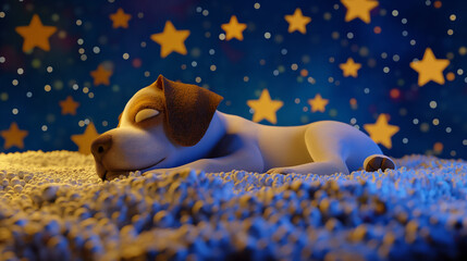 cute little puppy is sleeping at cozy bed in front of starry night