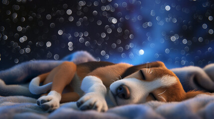 cute little puppy is sleeping at cozy bed in front of starry night