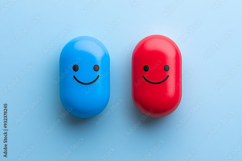 Poster pair of blue and red capsule characters with smiling faces on a minimalist background symbolizing he