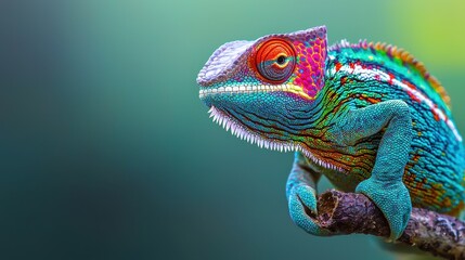 Fototapeta premium Colorful Chameleon on Branch with Green Background