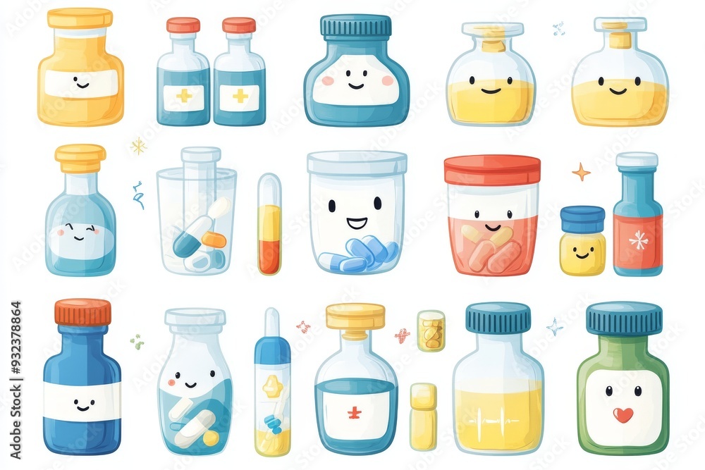 Poster set of cheerful pill bottle characters on a light background symbolizing health care and well being 