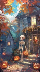 Naklejka premium A cheerful skeleton holds pumpkins on a porch, with vibrant autumn leaves and warm lights creating a festive Halloween atmosphere