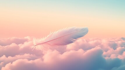White feather floating above soft pink clouds