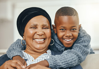House, grandmother and boy with love, hug and cheerful with embrace, bonding together and...