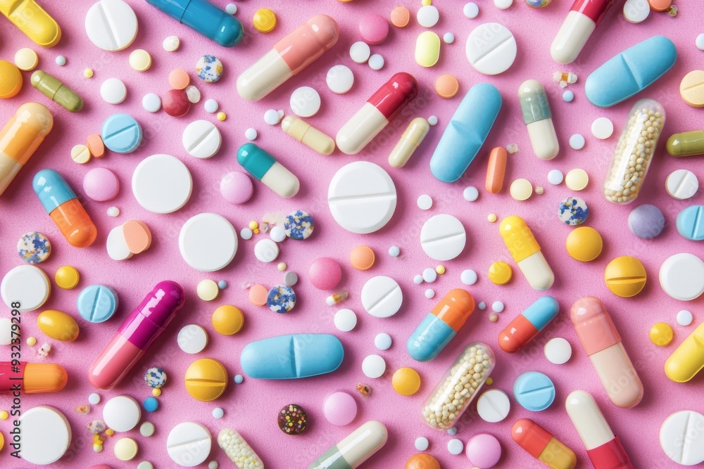 Poster pile of assorted colorful capsules and tablets on a pink background representing variety health and 