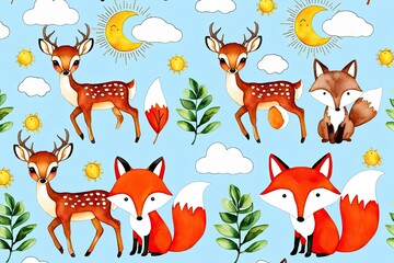 Fototapeta premium Watercolor Pattern Featuring Cute Baby Deer and Fox in a Nursery Design with Clouds, Moon, and Sun