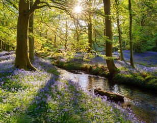 Fototapeta premium A tranquil woodland glen with a carpet of bluebells