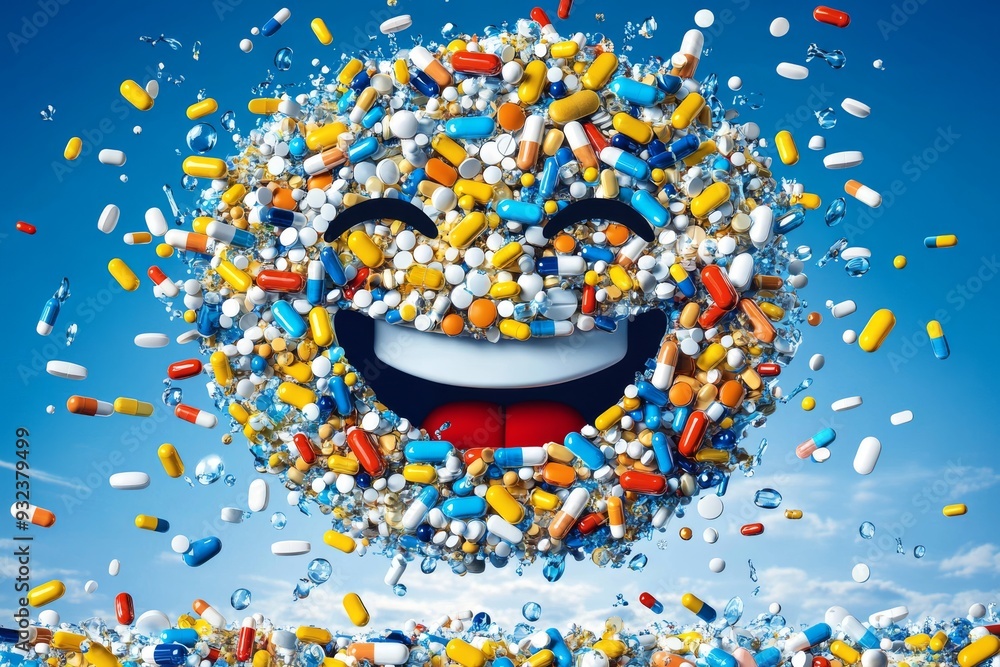 Poster Smiley face made from an explosion of colorful pills against a bright blue sky symbolizing health positivity and energy in a dynamic and joyful design