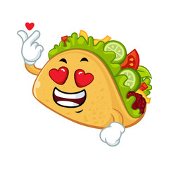 Cute Taco Cartoon Character with Love Eyes and Finger Heart.