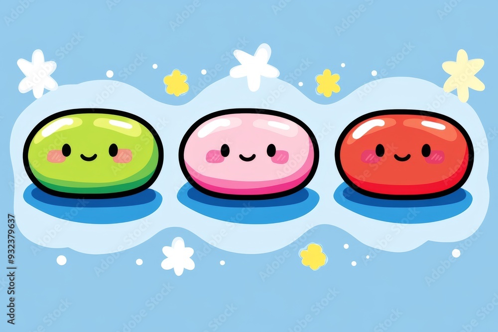 Poster three colorful pill characters with smiling faces on a starry background symbolizing health happines