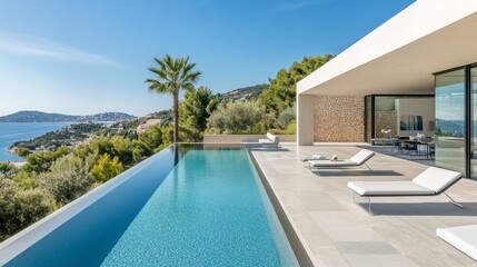 Fototapeta premium A modern villa with an infinity pool overlooking a scenic landscape.