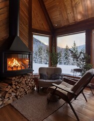 Winter cabin with a roaring fireplace