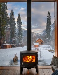Winter cabin with a roaring fireplace