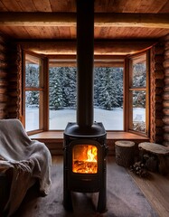 Winter cabin with a roaring fireplace
