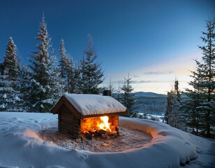 Winter cabin with a roaring fireplace