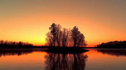 Obraz premium A small island in the middle of a lake with a beautiful sunset in the background