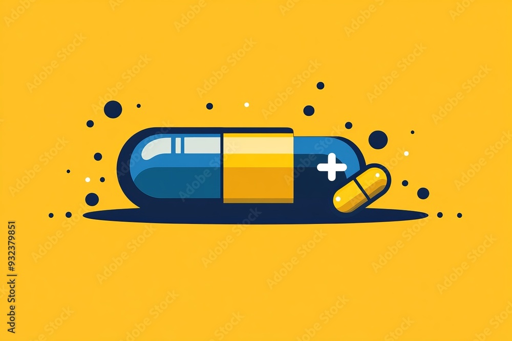 Poster modern vector illustration of a black and yellow capsule with a power symbol surrounded by smaller p