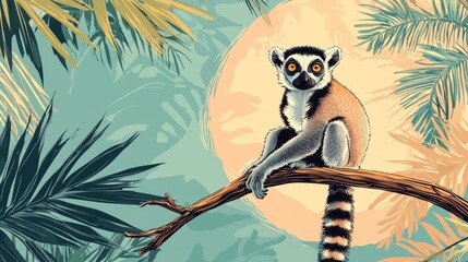 Fototapeta premium Ring tailed Lemur Sitting on a Branch in Tropical Rainforest