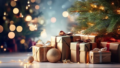 Beautifully wrapped holiday presents under a tree