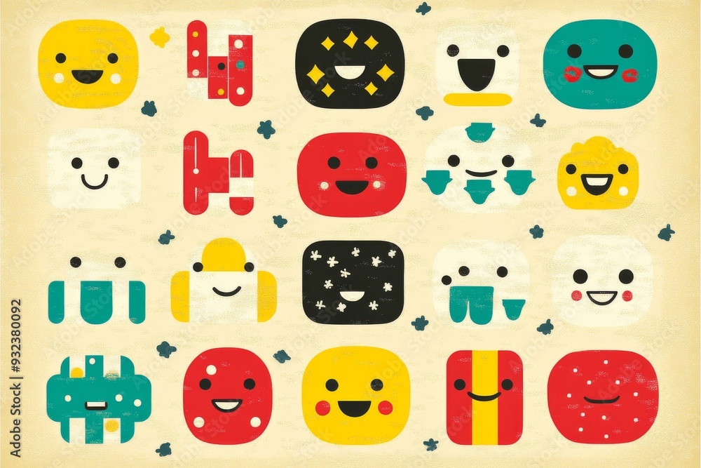 Aufkleber retro style pattern of various emoticon faces and pill shapes featuring a vintage color palette of r