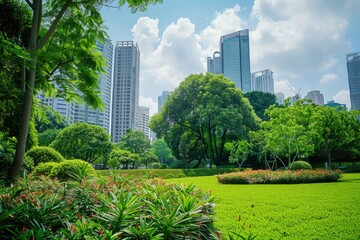 Fototapeta premium A picturesque city park with greenery and trees surrounded by tall buildings in the background