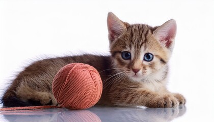 Kitten playing with a ball of yarn