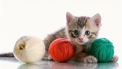 Kitten playing with a ball of yarn