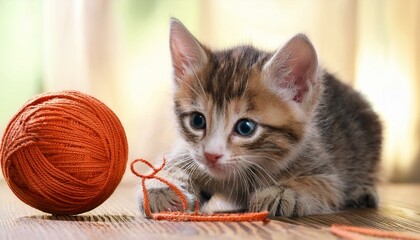 Kitten playing with a ball of yarn
