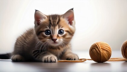 Kitten playing with a ball of yarn