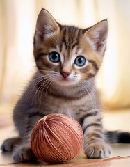 Kitten playing with a ball of yarn