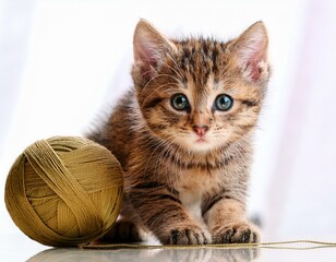 Kitten playing with a ball of yarn