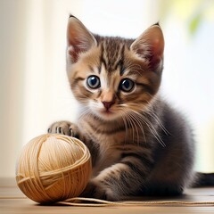 Kitten playing with a ball of yarn